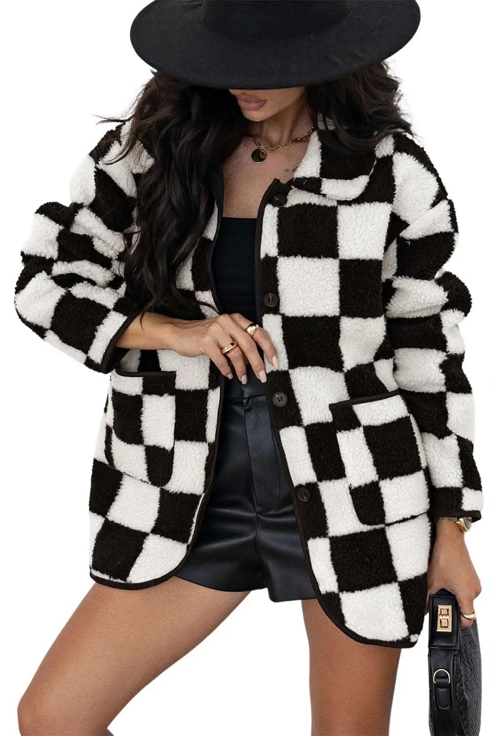 Black Checkered Side Pockets Collared Buttoned Fleece Jacket - Love Salve